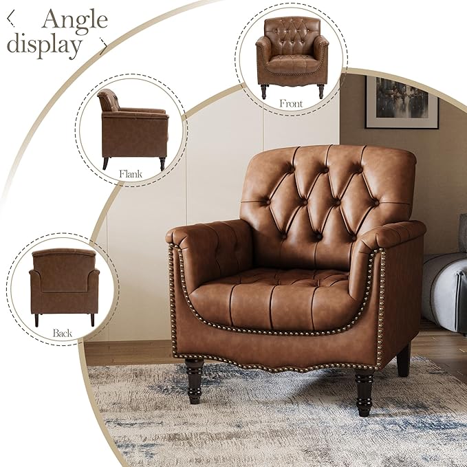 Pia Ricco Faux Leather Armchair Set of 2, Modern Accent Chairs with Nailhead Trim and Solid Wood Legs, Upholstered Comfort for Living Room, Office, Bedroom - Brown