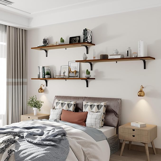 Wall Shelves 12x48 Inch Floating Wood Shelving for Living Room, Kitchen, Bedroom Office - Rustic Walnut Farmhouse 3-Pack, Heavy Duty 100 lbs, Easy Install