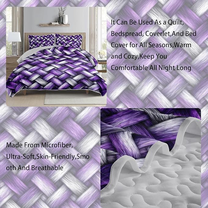 AILONEN Violet Woven Design King Quilted Comforter Set 3 Piece, Contemporary Pattern Bedspread Coverlet with 2 Pillowcases, Luxury Home Decor Bedding