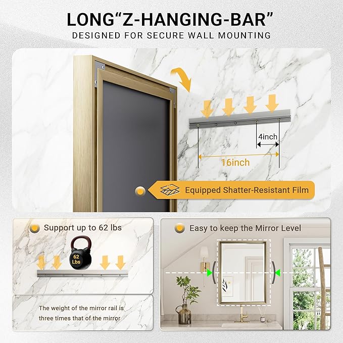 Gold Bathroom Mirror, 30x36 Brushed Gold Bathroom Mirror Beveled Edge, Gold Framed Rectangle Bathroom Vanity Mirror, Anti-Rust Brushed Brass Metal Frame Wall Mirror Vertical/Horizontal