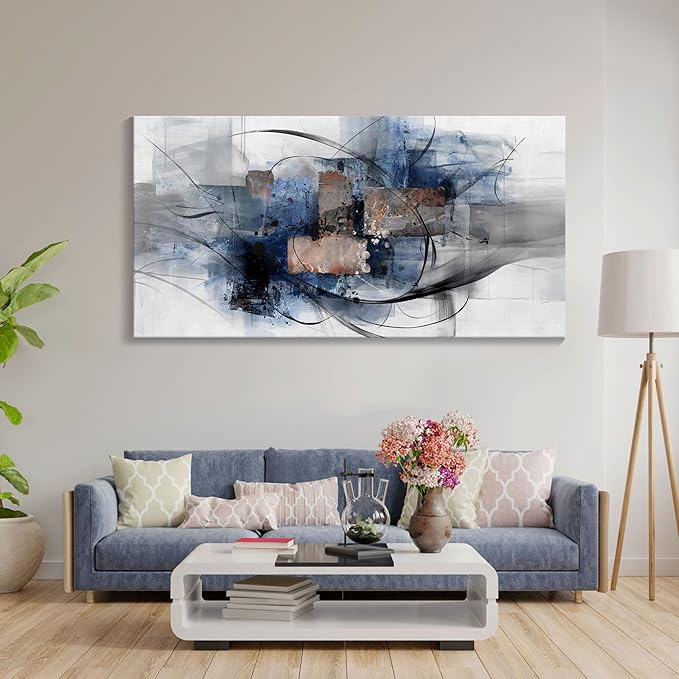 Mofutinpo Black and Blue Wall Art Decor - Abstract Canvas Wall Art for Living Room, Bedroom, Office - Modern Black and White Paintings,Blue and Grey Wall Decor, Artwork and Pictures for Wall 29×58