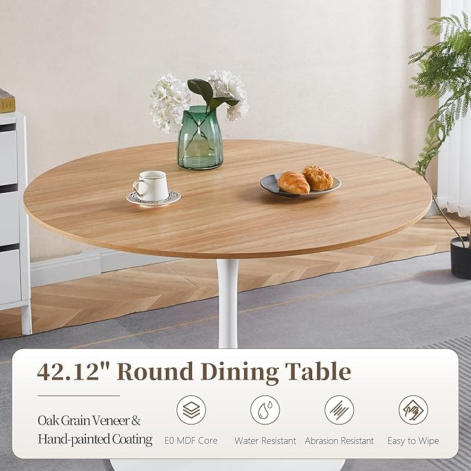 42 Inch Round Dining Table,Mid-Century Tulip Table with Metal Pedestal Base,Modern Leisure Table for Small Space Kitchen Dining Room,Easy Assembly,White and Oak