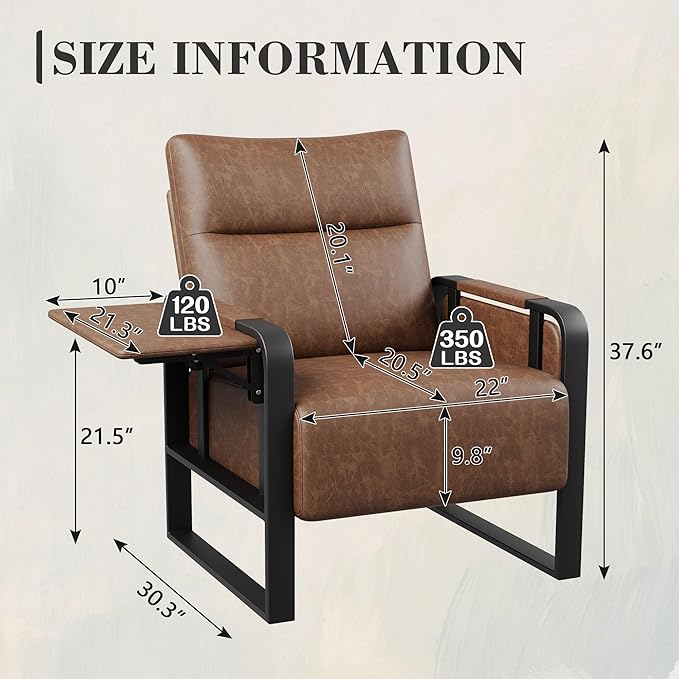 Alunaune Upholstered Living Room Chair Armchair, Mid Century Faux Leather Metal Accent Chair, Reception Couch Office Guest Chair Slipper Club Lounge Single Sofa with Sidetable for Bedroom-Brown