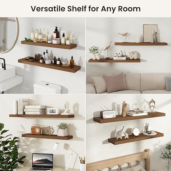 Fun Memories Rustic Wood Floating Shelves for Wall, Space-Saving Wall Mounted Shelves for Bathroom, Bedroom, Living Room and Kitchen, Stylish Storage & Display (Set of 4, Walnut, 8 in)