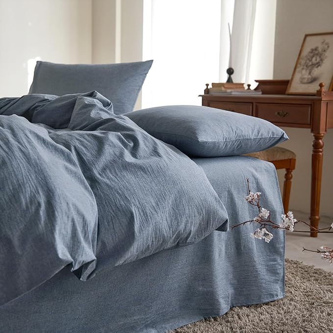 Wake In Cloud - Cotton Duvet Cover Set, 100% Washed Cotton, Linen Like Textured, Breathable Durable Comfy Farmhouse Neutral Bedding Set, 3 Pieces, Denim Blue, King Size