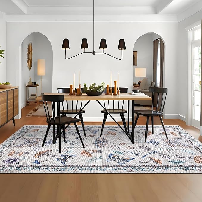 9x12 Washable Area Rugs Living Room Large Rug Boho Vintage Floral Carpet Soft Bedroom Indoor Floor Mats Non-Slip Farmhouse Rustic Style Carpet for Kids Nursery Dining Room Home Decor Office, Beige