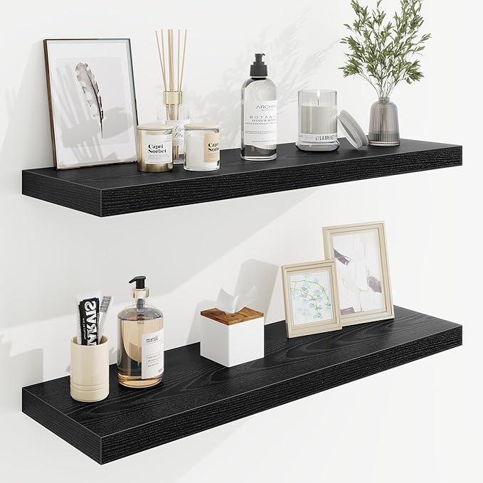 32in Floating Shelves for Wall, 32"W x 9.25"D x 1.25"H, 2 Pack Long Wall Mounted Engineered Wood Shelves with Invisible Brackets for Living Room, Bedroom, Bathroom, Kitchen Decor and Storage, Black
