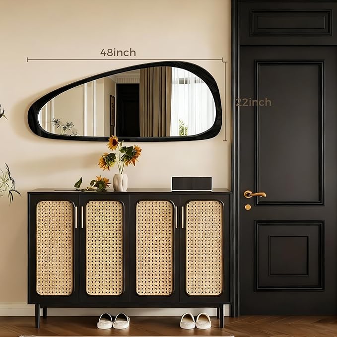 Asymmetrical Mirror, 48"x22" Irregular Mirror Full Length, Wood Wall Mirror for Bathroom Bedroom Living Room Entryway Hallway, Mid Century Modern Decor (Black)