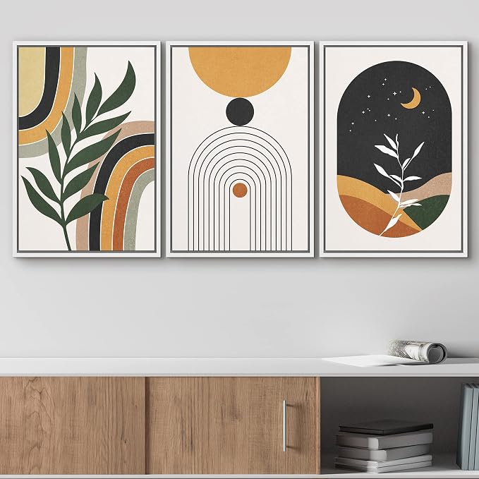 wall26 Framed Canvas Print Wall Art Set Boho Mid-Century Crescent Moon Plant Landscape Nature Abstract Illustrations Modern Art Bohemian Decorative for Living Room, Bedroom, Office - 16"x24"x3 White
