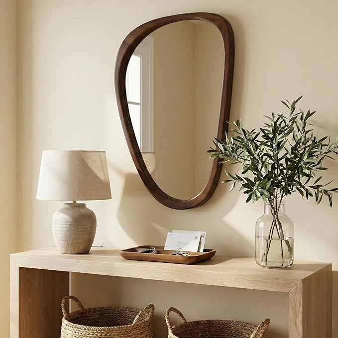 Irregular Asymmetrical Wall Mirror 30"×20" with Solid Wood Frame, Sculptural Mid-Century Modern Decorative Wall Mirror for Bathroom & Entryway