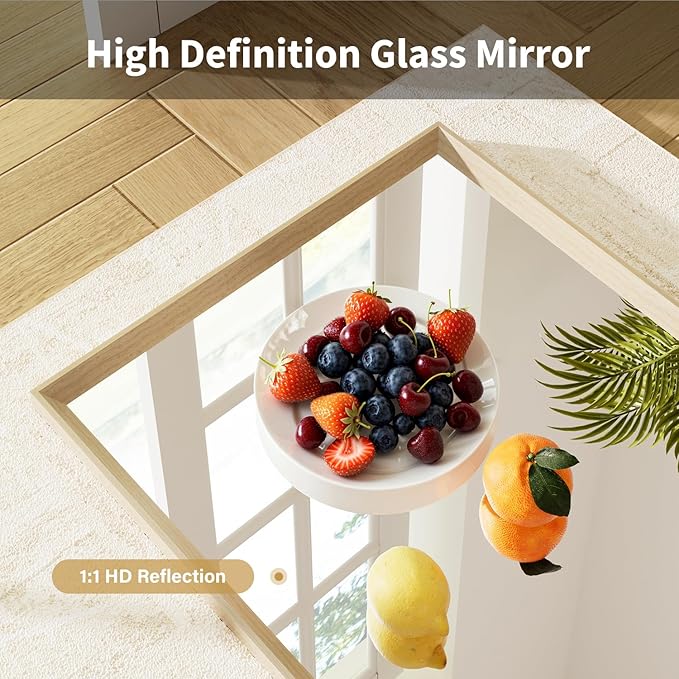Oak Wood Effect Framed Wall Mirror, 24x32 Rectangle Mirror, 1/8" Anti-desilvering Tempered Glass, Sustainable& Sturdy Frame, Anti-Rust, HD Reflection &3min Fast Setup for Bathroom Living Room
