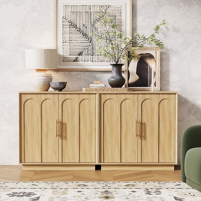 Sideboard Buffet Cabinet with Storage Set of 3, Mid Century Modern Accent Cabinet with Arched Doors, Modular Media Console, Credenza for Living Room Kitchen Dining Room Entryway, Oak