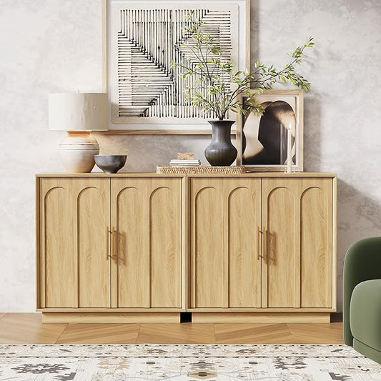 Sideboard Buffet Cabinet with Storage Set of 2, Mid Century Modern Accent Cabinet with Arched Doors, Modular Media Console, Credenza for Living Room Kitchen Dining Room Entryway, Oak