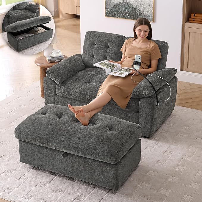 Oversized Chaise Lounge Chair Indoor, Double Convertible Recliner Reading Arm Sofa Chair W/Adjustable Backrest & Charging Port Couch Bed for Living Room, Home Theater & Bedroom, Grey