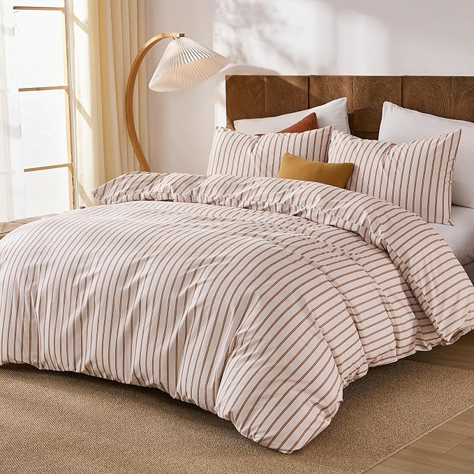 Merryword Striped Duvet Cover Set Queen Size 3 Pieces 100% Cotton Duvet Cover Set with Beige and Terracotta Vertical Stripe Design,Soft Lightweight Reversible Bedding Set for All Seasons