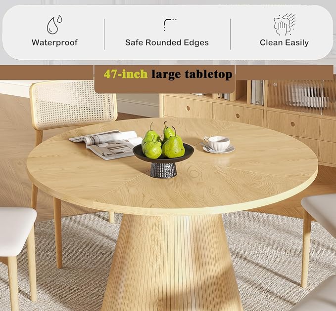Round Dining Table for 4, Farmhouse Fluted Dining Kitchen Table, 47 Inch Modern Wood Small Circle Dining Table for Kitchen Living Room (Wood, 47inch)