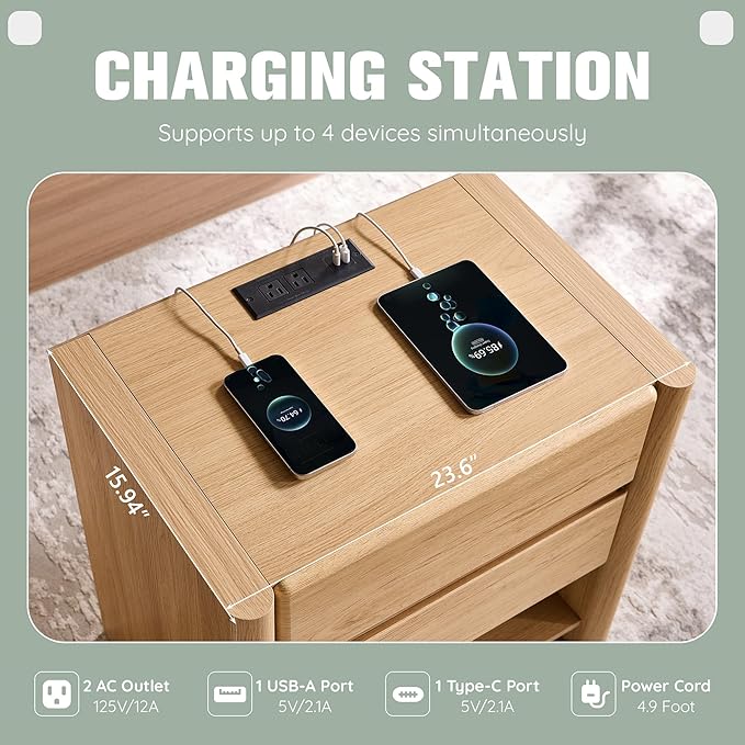 25" Tall Modern Nightstand Set of 2, 23.6" W Nightstand with Charging Station & 2 Storage Drawers & Open Shelf, Wood Night Stand w/Rounded Corner Design for Bedroom, Living Room (Natural)
