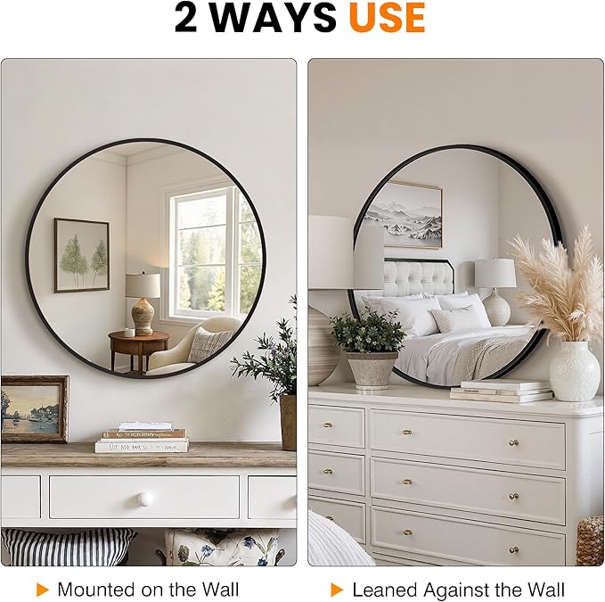 Round Bathroom Mirror for Wall, 22 inch Circle Bathroom Mirrors for Over Sink, Modern Circular Metal Frame for Vanity, Entryway, Bedroom, Living Room(Black)