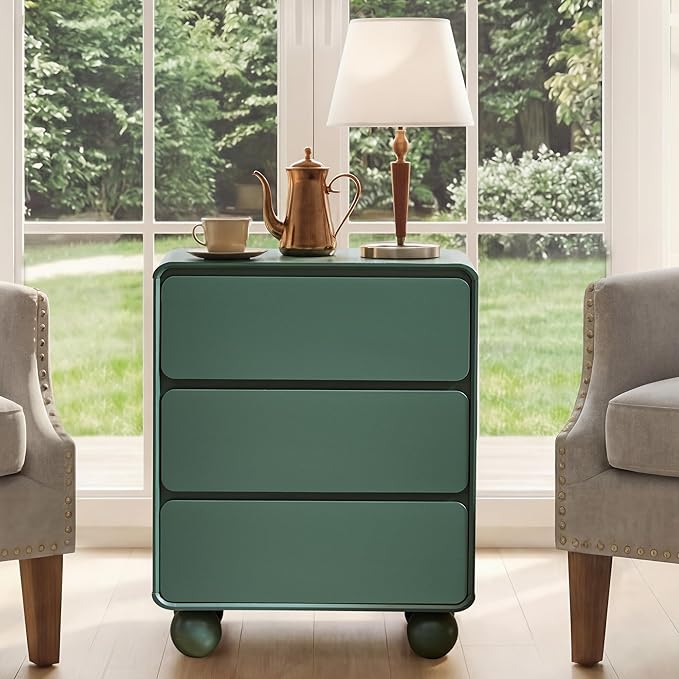 AVZEAR Set of 2 Modern3 Drawer Dresser for Bedroom, Curved Wooden Dresser Chest of Drawers, 3 Drawer Nightstand Closet Clothes Storage Organizer for Kids Bedroom, Living Room, Nursery, Green
