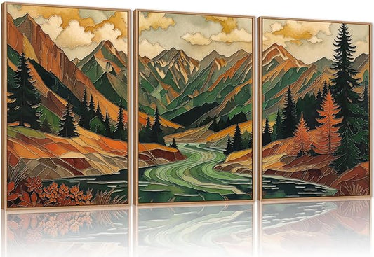 HPINUB Abstract Boho Mountain Framed Canvas Wall Art Set,Vibrant Forest Pine Tree Wall Decor,Textured Landscape Artwork Rustic Linear Scenery Art Print for Living Room,Bedroom,Office-16 x24 x3