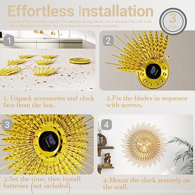 Large Mid Century Gold Wall Clock Decorative Modern Sunburst Wall Clocks, Metal Big Silent Non-Ticking Clock, Luxury Home Gift Decor for Living Room, Bedroom, Dining Room, 28 inch