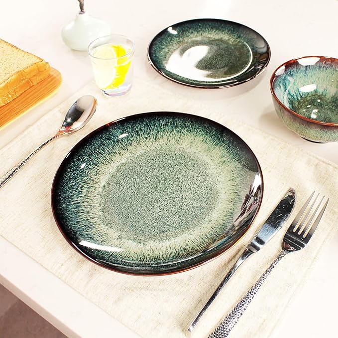 Dinner Set 12 Pieces - Round Reactive Glaze Tableware - Kitchen Dinnerware Porcelain Crockery with Dinner Plate, Bowl and Soup Plate Service for 4, Microwave Dishwasher Safe, Set (No.2)