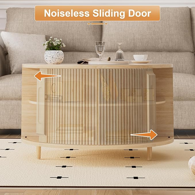 Round Lift Top Coffee Table, 31.5” Fluted Wood Lift Up Center Table with Sliding Door & Hidden Storage, Mid Century Modern Coffee Table for Living Room & Home Office (Natural)