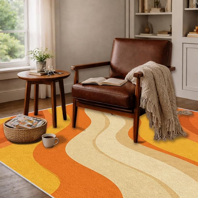 Sunset Flow Area Rug 5x7, Modern Abstract Wave Rug, Retro Orange Neutral Carpet for Living Room Bedroom, Soft Non Slip Washable Rug