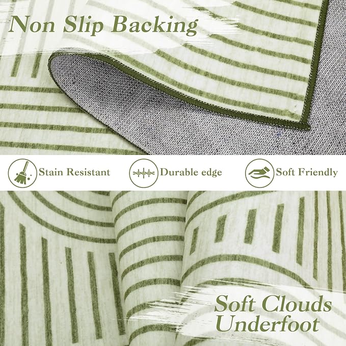 Washable 5x7 Abstract Line Area Rugs for Living Room Low Pile Modern Line Green Rug Soft Bedroom Small Rugs Non Shedding Contemporary Neutral Indoor Accent Carpet for Nursery Office, Green