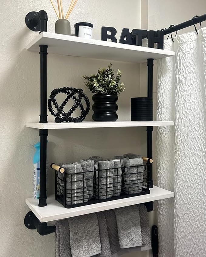 ROGMARS Industrial Pipe Shelving Bathroom Shelves with Towel Bar,3 Tier 24 inch Retro White Rustic Farmhouse Industrial Wall Shelf Bathroom Shelves Over Toilet for Storage