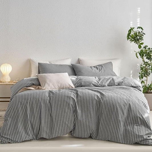 MooMee Striped Duvet Cover Set 100% Washed Cotton Linen Like Textured Breathable Durable Soft Comfy (Dark Grey White Wide Stripes, Alaska King 132"x120")