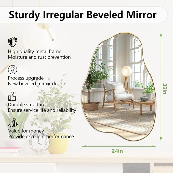 POZINO Irregular Beveled Bathroom Mirror, 36" x 24" Asymmetrical Vanity Mirror with Gold Metal Frame, Cloud Shaped Wall Mirror for Bathroom Entryway Living Room Bedroom, Horizontal/Vertical Hanging