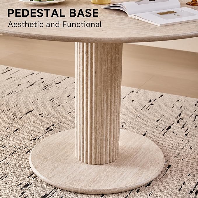 47" Round Dining Table for 4, [Cylinder Pedestal Base] [Stone-Patterned] Modern Circle Dinner Table for Kitchen Dining Living Room, Natual