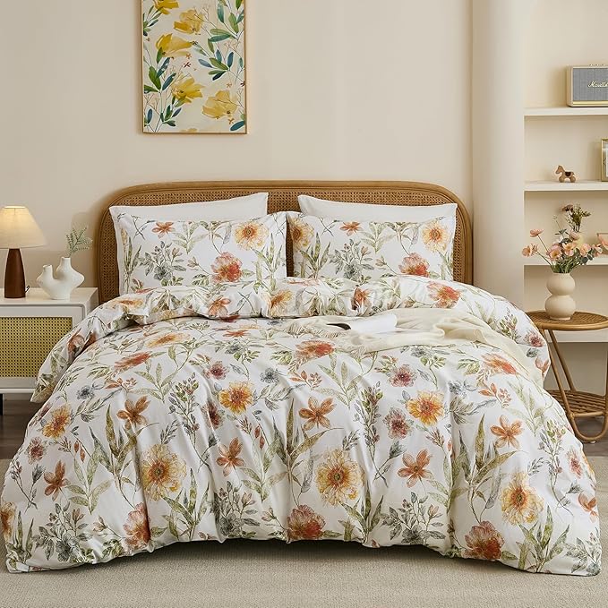 100% Cotton Duvet Cover King Size – Elegant Natural Yellow Floral Duvet Cover Set with Zipper Closure, 3-Piece Soft Breathable Durable Percale Cotton Bedding Set for All Seasons