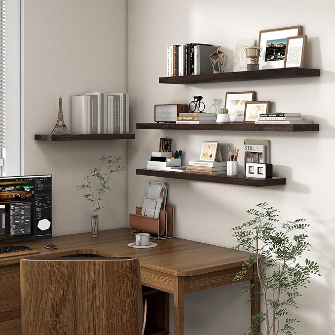 Axeman Floating Shelves for Wall, 24''W x 8'' D Rustic Solid Elm Wood Shelves for Storage, Wall Mounted Display Shelving with Invisible Heavy-Duty Metal Bracket (Walnut, 2PCs)