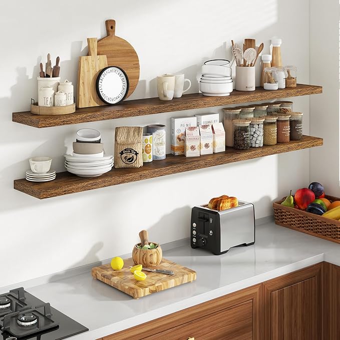 72 Inch Floating Shelves, 8 Inch Deep Floating Shelves for Wall, Hanging Shelf with Invisible Brackets, Deep Shelves for Bathroom, Bedroom, Living Room, Brown, Set of 2