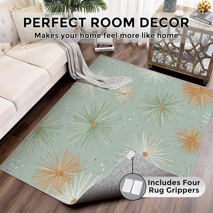 Mid Century Modern Rugs for Bedroom 7x9 ft, Starburst Area Rugs for Living Room, Washable Non Slip Low Pile Retro Atom Carpet, Home Decor PF-P 107