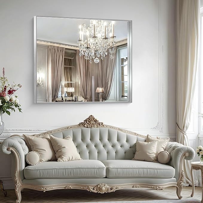 CIRCUMI Silver Bathroom Mirror, 40"x48" Rectangular Mirror with Deep Metal Frame, Brushed Finish, Tempered Glass, Large Mirror for Wall, Over 2 Sinks, Installed Vertically/Horizontally, Crystal-Clear