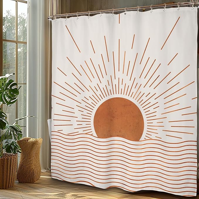 Miyotaa Abstract Minimalist Sunrise Shower Curtain Set 60Wx71H Inches Modern Aesthetic Mid Century Retro Sun Sunset Waterproof Bathroom Curtain with 12 Hooks