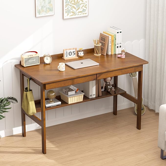Solid Wood Writing Desk with Drawers, 47" Mid Century Modern Desk, Vintage Home Office Computer Desks and Storage Shelf, Wooden Study Table for Bedroom Small Spaces, Study Makeup Workstation, Walnut