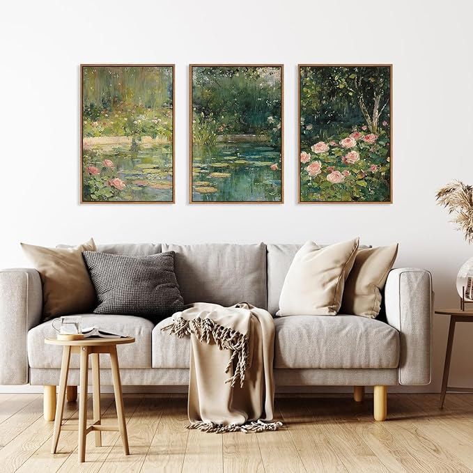FWIEXA Monet Floral Framed Canvas Wall Art Set, Impressionist Botanical Garden Wall Decor, Vintage Ponds Tree Plant Artwork, Nature Landscape Prints for Living Room, Bedroom - Size 24"x36"x3