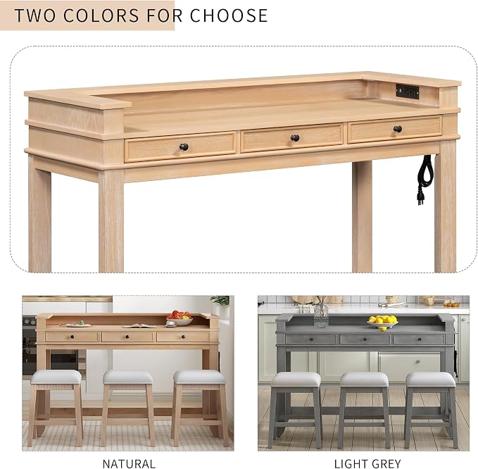 P PURLOVE 4 Piece Dining Bar Table Set with 3 Stools, Multifunctional, Industrial Style, USB Port, Space Saving, Solid Wood, Easy Assembly