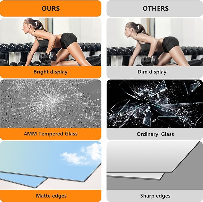 Home Gym Mirror for Wall, 48"x28"x2PCS Full Length Gym Mirror Frameless Wall-Mounted for Garage, Home Gym, Living Room, Bedroom(Silver)