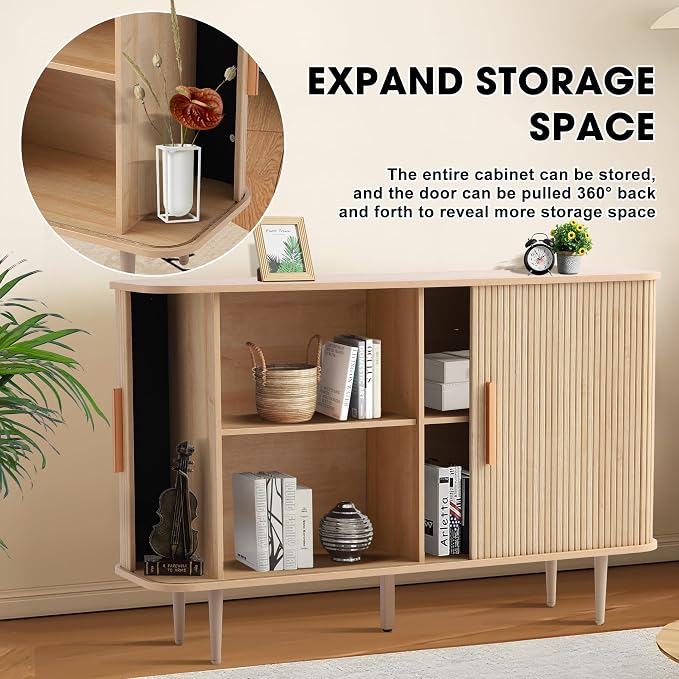 Grepatio 47" Sideboard Buffer Cabinet with Fluted Slide Doors, Tambour Storage Cabinet with Adjustable Shelves, Credenza Console Mid Century Cabinets for Hallway Entryway (Natural)