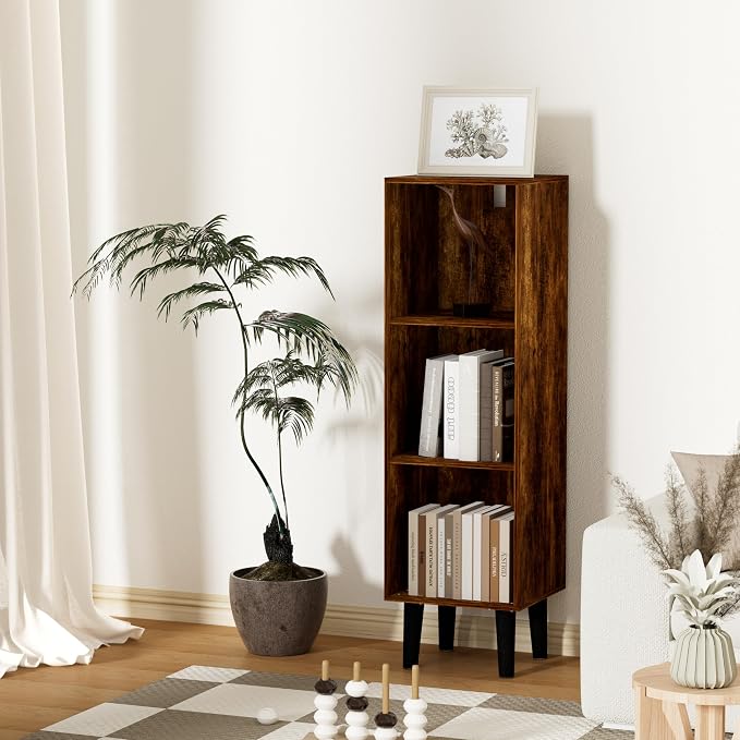 3 Cube Bookcase, Wooden Book Shelf Cube Storage Organizer with Legs, 3 Tier Bookshelf Freestanding Open Shelves for Bedroom, Living Room, Home Office (Brown, 3 Cube)