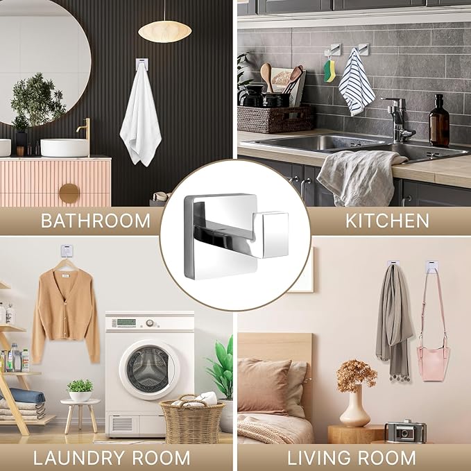 Towel Hooks for Bathrooms Robe Hook Coat Hook 4 Pack Polished Chrome Stainless Steel Heavy Duty Wall Mounted Square Hooks for Bathroom Kitchen Bedroom