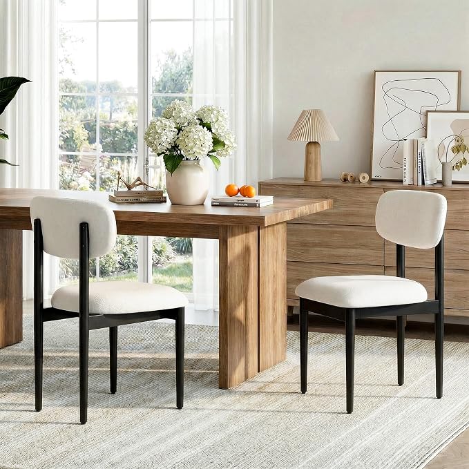Casaphoria Upholstered Dining Chairs Set of 2, Mid-Century Modern Kitchen Chairs with Solid Wood Legs & Thick Cushion, Ergonomic Fabric Accent Chairs for Dining Room, Vanity & Office, White and Black