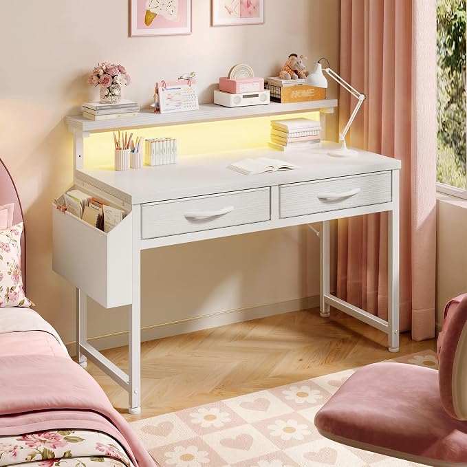 DurayLoly 32" Computer Desk with 2Drawers and Side Pocket for Teenagers,Office Desk with Monitor Stand and LED Lights, Study Writing Table with Anti-Tip Design for Small Spaces,Glacier White