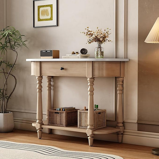 SOFTSEA Small Curved Console Table with Storage Drawer and Open Shelf, Farmhouse Wood Entryway Table with Drawer for Living Room, Save Space, White+Beige