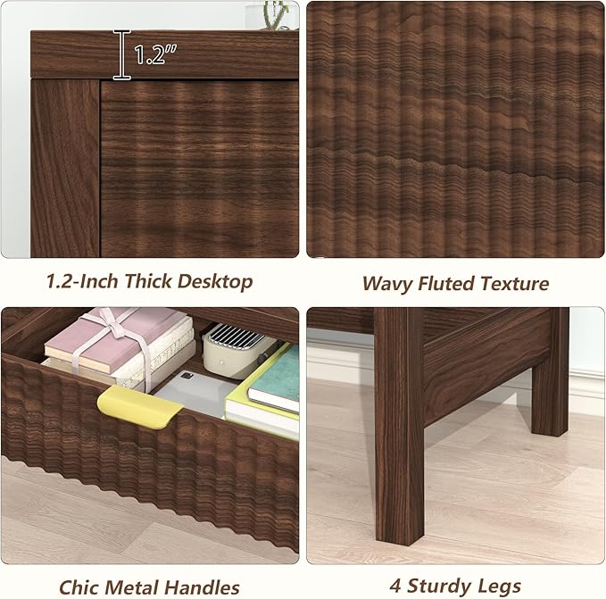 YOMILUVE Fluted Computer Desk with 2 Drawers, 39 Inch Small Computer Desk with Storage, Compact Writing Study Desk for Small Spaces, Walnut